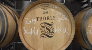 Wine barrel with Pinot Noir in the wine cellar.