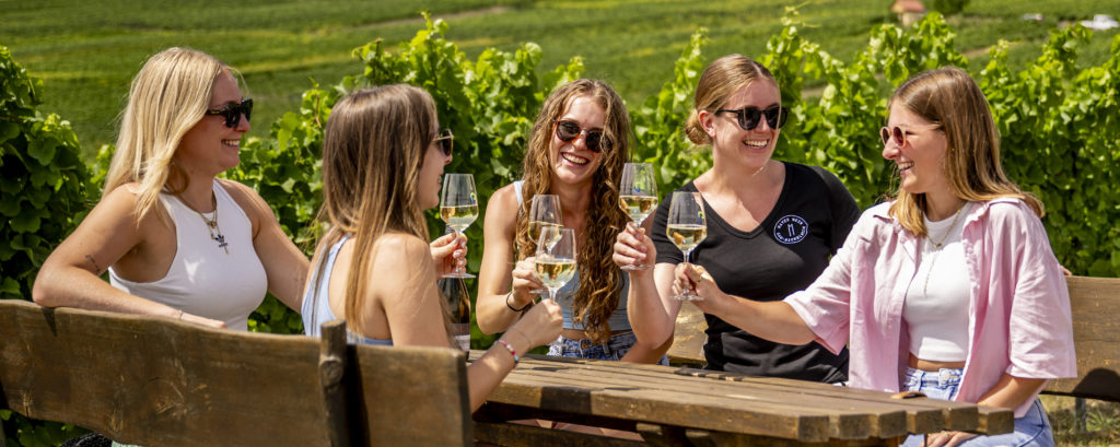 A group of people stand and sit outdoors at a wine festival, holding glasses of wine. Tables, vineyard surroundings, and event activity are visible, creating a social atmosphere in an open landscape.